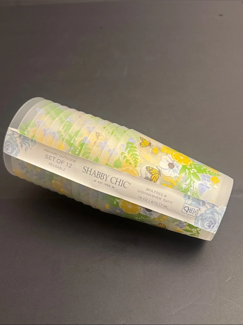 12pc SHABBY CHIC Citrus/Butterfly Floral Reusable Plastic Cups - 16oz